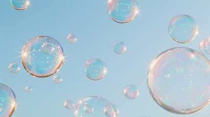 A clear blue sky is filled with radiant bubbles reflecting a spectrum of light, creating a holographic dreamscape.