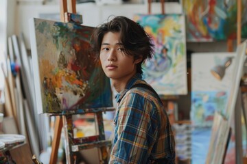 Portrait of a young male painter in his studio
