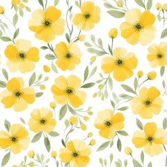Seamless pattern of yellow flowers with green leaves on a green background