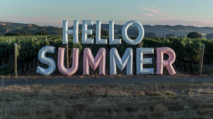 The majestic HELLO SUMMER letters emerge among vineyard rows at dawn, blending the charm of winemaking with the promise of summer.