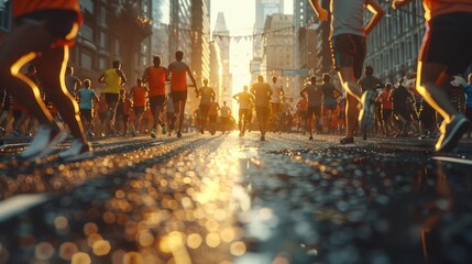 Vibrant City Marathon at Sunset: Runners, Streets, and Energy