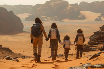 A group of people walk across a barren desert landscape, a family colonizing Mars