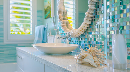 Seashell Mirror and Beach Glass Mosaic Tile Accents, Coastal Bathroom Decor for Serene Seaside Ambiance.
