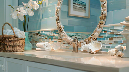 Seashell Mirror and Beach Glass Mosaic Tile Accents, Coastal Bathroom Decor for Serene Seaside Ambiance.
