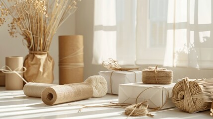 Eco-friendly packaging and wrapping materials on a bright tabletop