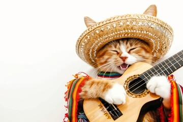 Mariachi Cat with Guitar. Adorable tabby cat dressed in traditional mariachi attire, complete with sombrero and guitar, against a white background