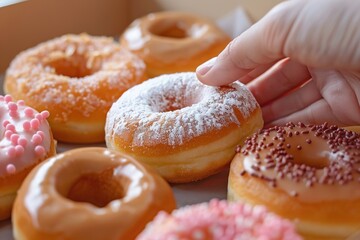 Close-up of assorted donuts with rich glazes and toppings, hand-picking one.