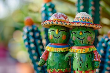 Cacti in Sombreros. Two cacti adorned with vibrant Mexican sombreros, set against a bokeh background.