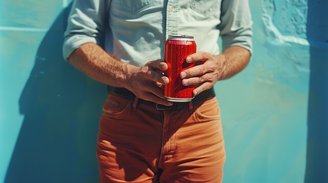 A hand holding up an unbranded red can of soda, with the background being a blue color wall.