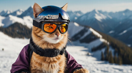 A cat in a helmet, glasses and a snowboard in the mountains. Cartoon concept. Happy sporty cat. - obrazy, fototapety, plakaty