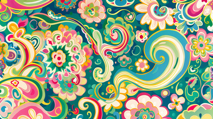 **create groovy 70's pasley wallpaper illustration of greens, blues, pinks, whites, yellows seemless patterns --ar 16:9** - Image #1 <@1210533910359052372>