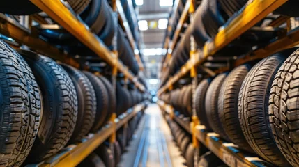 Fotobehang Many new car tires row in rack the warehouse building. AI generated image © atapdesain