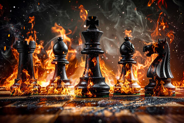 Chess pieces on a board engulfed in flames, symbolizing strategic conflict and the catastrophe of war.