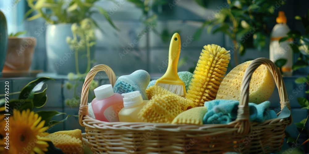 Aufkleber a basket full of cleaning supplies including a yellow brush and a bottle of soap. the basket is plac