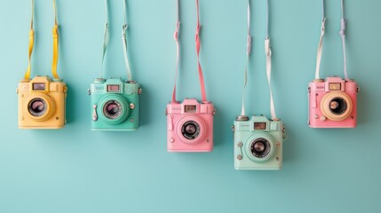Colorful Vintage Cameras Hanging on Pastel Background - Photography Concept - 779976218