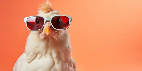 Fotobehang Chicken hen wearing glasses, cute furry animals, silly animal antics. To be used as funny animal banner and modern farm. Isolated on solid pastel background with a lot of copy space © Mas