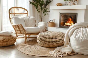 Fototapeta na wymiar Rattan lounge chair wicker pouf. Bohemian style interior.