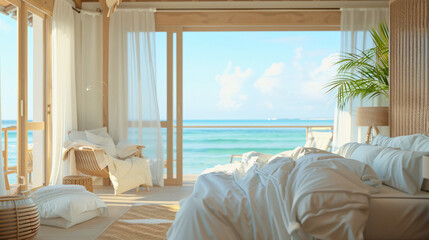 Serene Bedroom with Ocean View, White Linen Bedding for Tranquil Coastal Ambiance.

