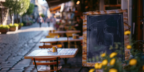 A street scene with a chalkboard sign on a table. The sign is empty and the tables are empty. The scene is quiet and peaceful