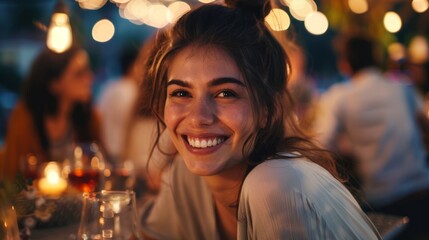 Obraz na płótnie Canvas Radiant Smile of Young Woman Enjoying Evening Outdoors