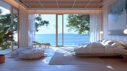 Serene Bedroom with Ocean View, White Linen Bedding for Tranquil Coastal Ambiance.
