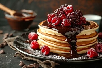 A stack of pancakes topped with raspberries and chocolate syrup