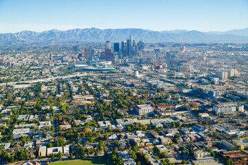 Panoramic view of the downtown skyline of Los Angeles, California, USA.