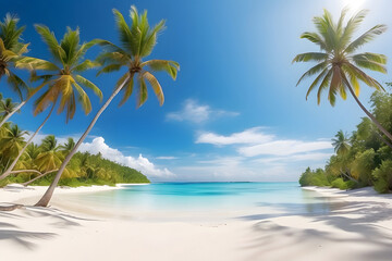 Beautiful tropical beach banner design. White sand and coco palms travel tourism comprehensive panorama background concept design. Amazing beach landscape