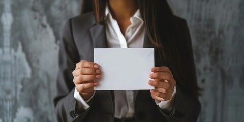 A woman is holding a white envelope in her hand. She is wearing a suit and a white shirt