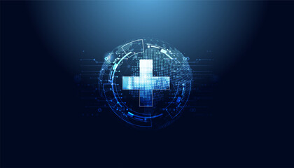 world and Health Plus On a blue background, the concept of health, self-care On digital background. Futuristic