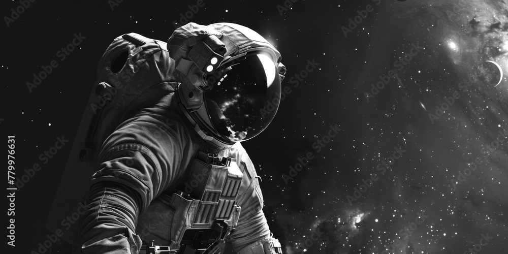 Poster a man in a space suit is standing in front of a black and white background. concept of adventure and