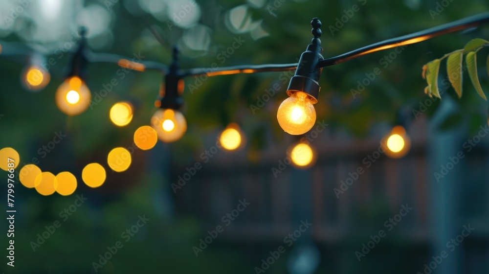 Aufkleber a string of lights with a yellow glow. the lights are hanging from a fence. the lights are lit up an