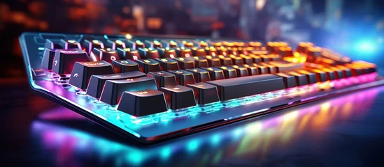 Fotobehang Close-up black gaming keyboard with rgb backlight creating 3d render background luminous rainbow effect. © Mas