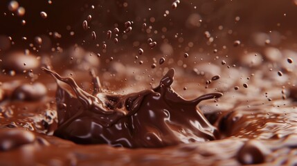 A splash of chocolate is shown in a close up. Concept of indulgence and pleasure, as the chocolate is a popular treat that many people enjoy. The splatter of chocolate also suggests movement