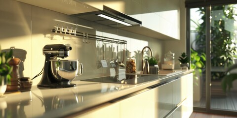 A kitchen with a white countertop and stainless steel appliances