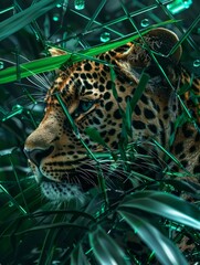 Leopard hidden amongst the futuristic foliage - This image captures a leopard camouflaged in green metallic-like leaves showcasing nature and tech harmony