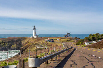 Yaquina Head Lighthouse against Pacific Ocean shores