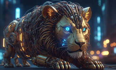 futuristic cyberounk city, futuristic scifi mechanical lion with many electric wires, detailed face, a mechanical eye, dynamic angle
