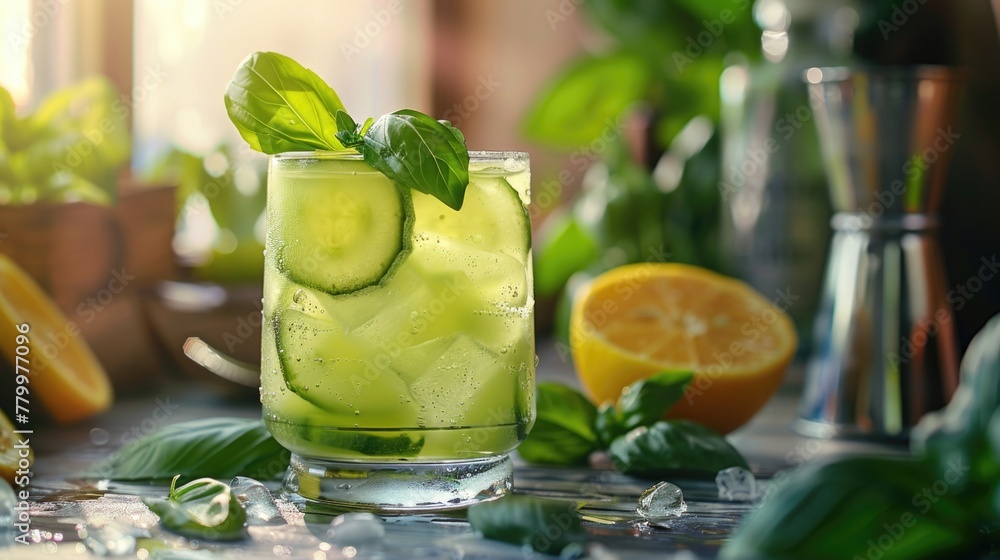 Poster a glass of cucumber water with a slice of lemon on the side. the glass is filled with ice and the cu