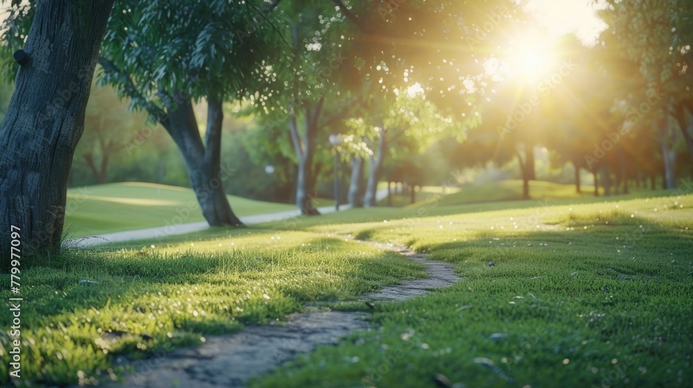 Poster a path in a park with trees and grass. the sun is shining brightly, creating a warm and inviting atm
