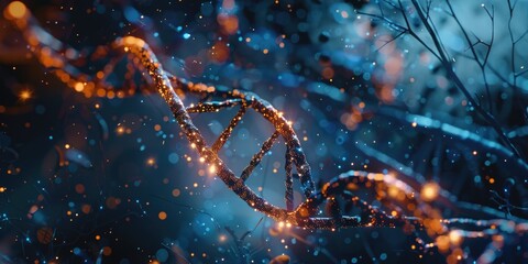 A glowing DNA strand is shown in a blue and orange color scheme. The image has a dreamy, ethereal quality to it, as if the DNA strand is floating in a sea of light - obrazy, fototapety, plakaty