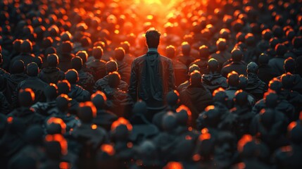 Lone Individual Standing Amongst a Sea of People at Sunset - obrazy, fototapety, plakaty