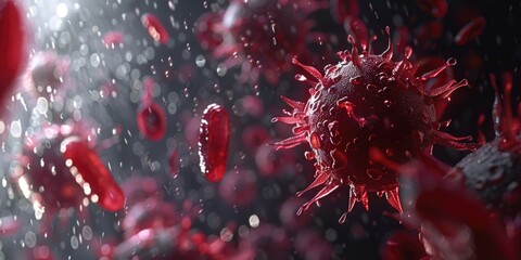 A red virus is shown in a close up. The virus is surrounded by red blood cells. The image is a representation of a virus and its effect on the body