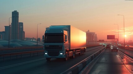 Panoramic a truck cargo vehicle transportation on the city highway at evening scene. AI generated - obrazy, fototapety, plakaty