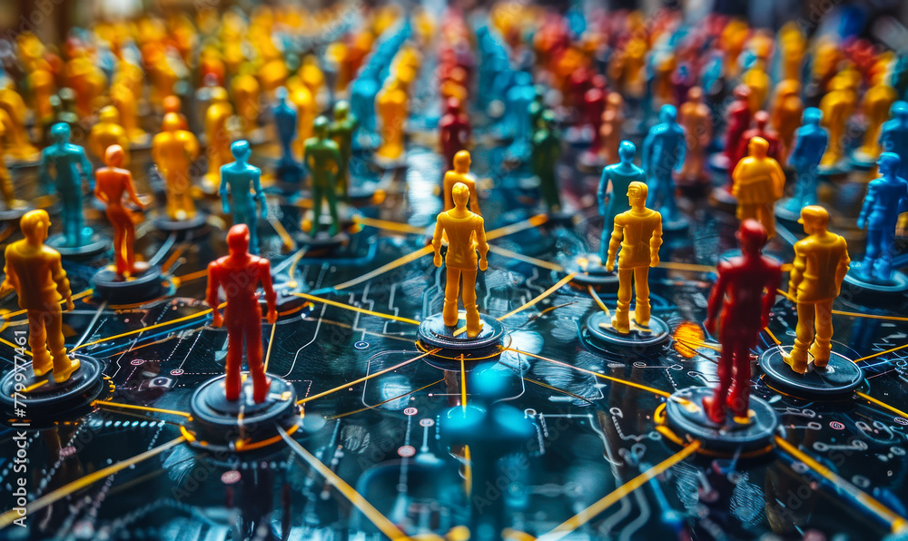 Poster colorful figurines connected by lines on a network grid illustrating concepts of social networking, 