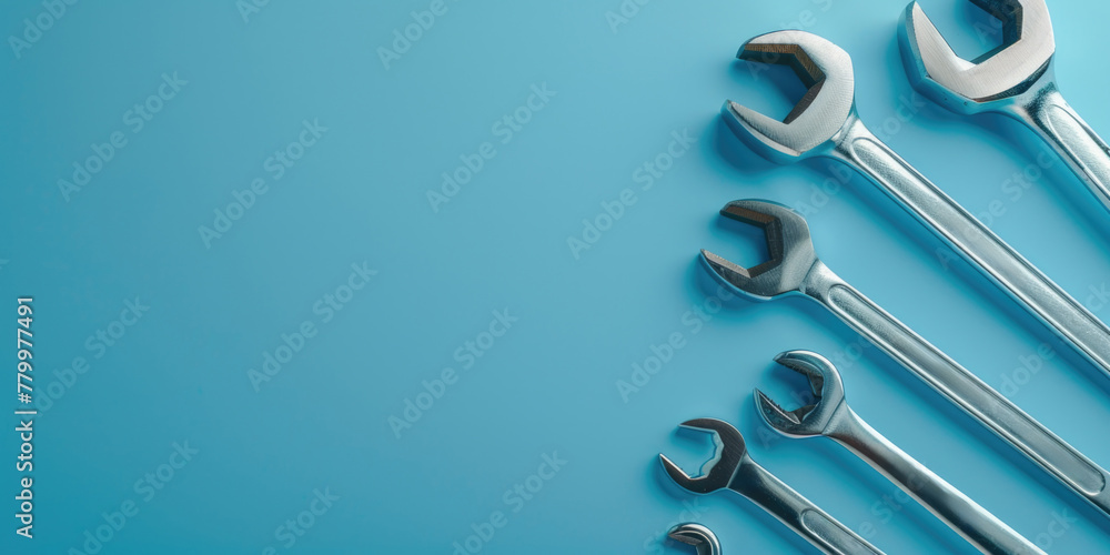 Poster a row of tools are displayed on a blue background. the tools are all different sizes and shapes, but