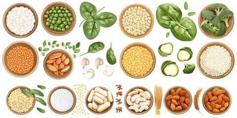 A collection of various types of food in wooden bowls. The bowls are filled with different types of food, including nuts, beans, peas, and vegetables. Concept of abundance and variety