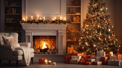 Cozy Christmas Eve Scene with Glowing Fireplace and Decorated Tree