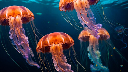 Glowing jellyfish swim deep in blue sea. Medusa neon jellyfish fantasy in space cosmos among stars. 3d render