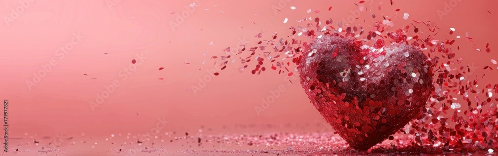 Wall mural Dissolving Glitter Heart on Pink Background: A Concept of Broken Love Emergence in Living Coral Theme - Valentine's Day - Wall murals